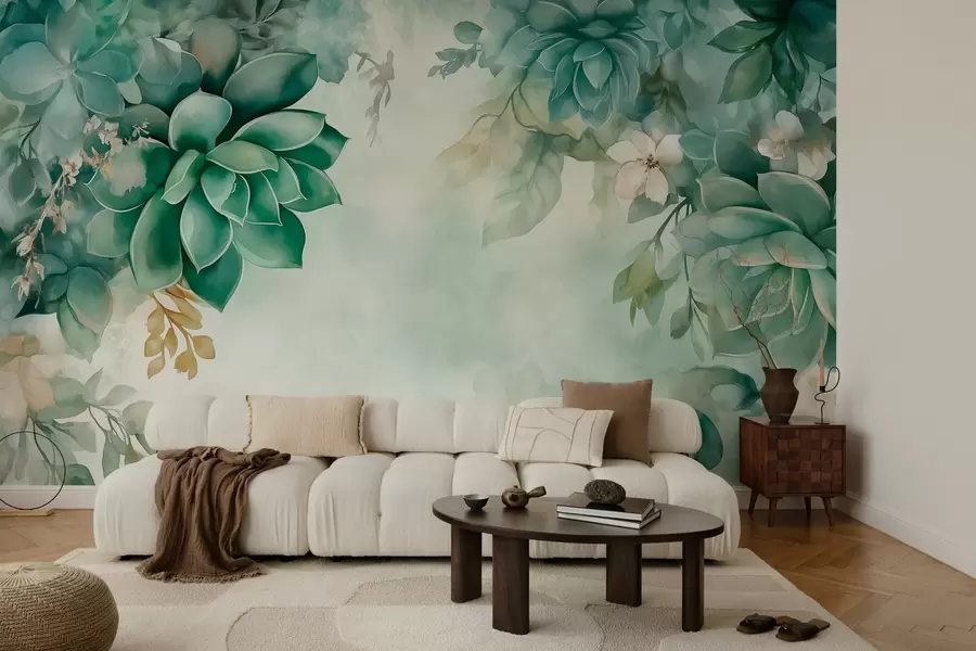 murais de parede Suculentas delicadas e exuberantes e elementos florais em estilo aquarela em tons de verde w02874