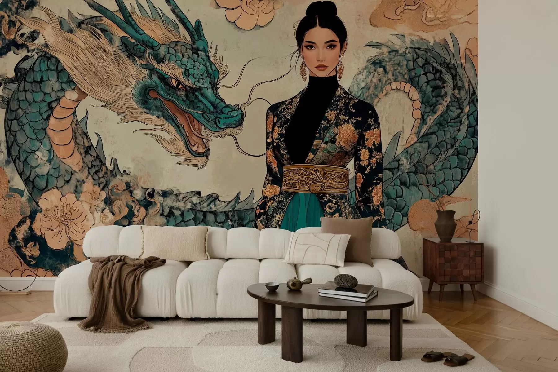 murais de parede Mulher em um manto com um dragão, estilo oriental w02875