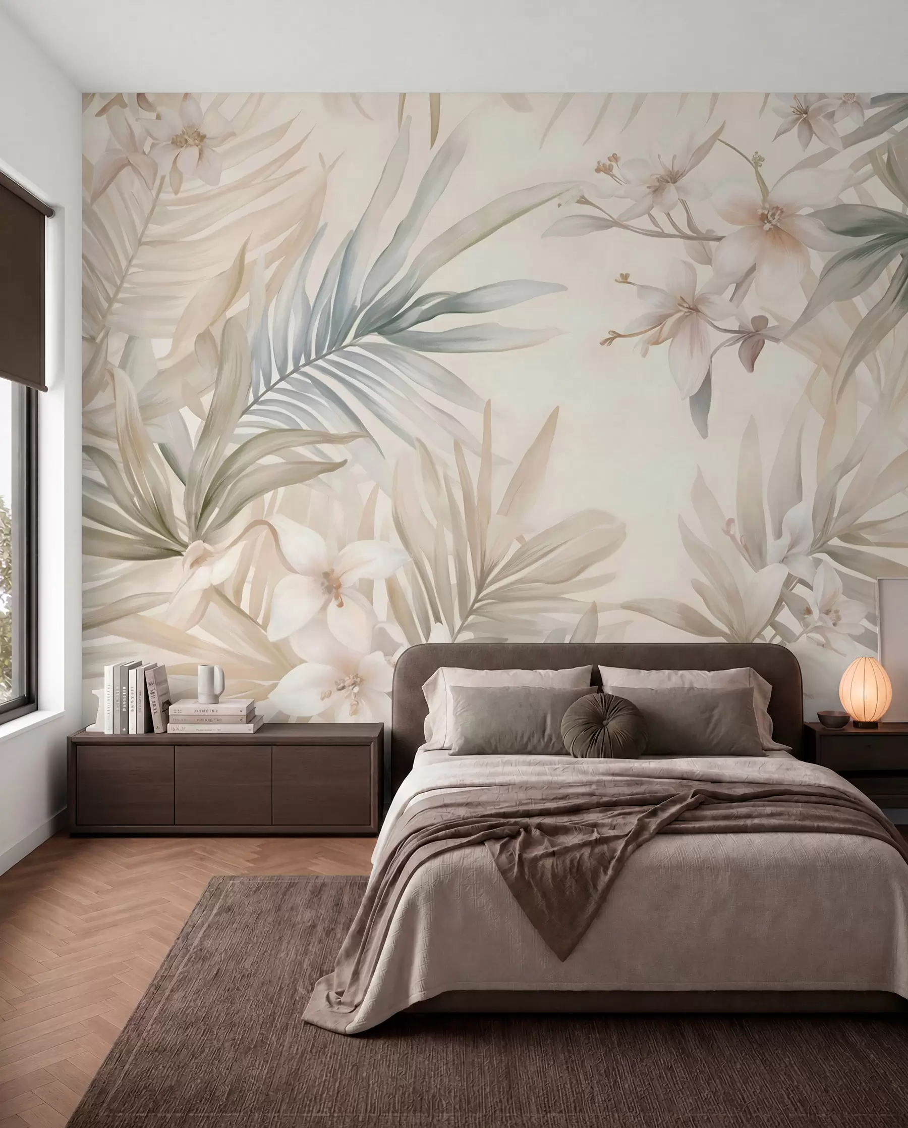 murais de parede Folhas e flores tropicais em tons pastéis, com verdes claros, cremes e rosas sutis w08660