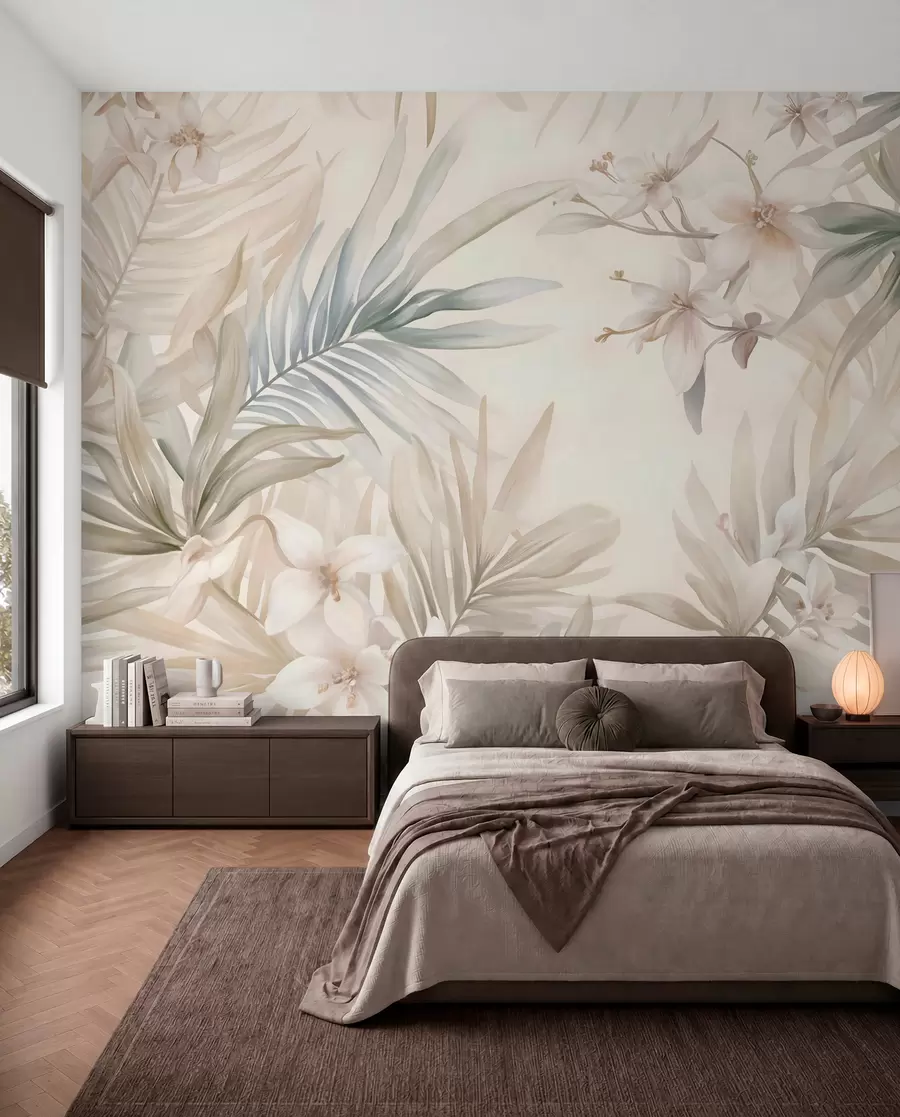 murais de parede Folhas e flores tropicais em tons pastéis, com verdes claros, cremes e rosas sutis w08660