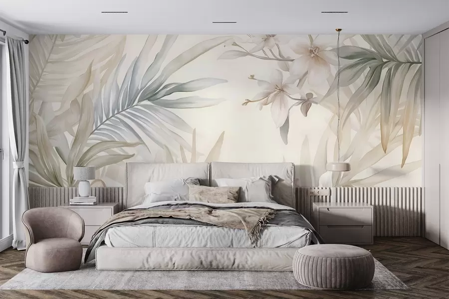 murais de parede Folhas e flores tropicais em tons pastéis, com verdes claros, cremes e rosas sutis w08660