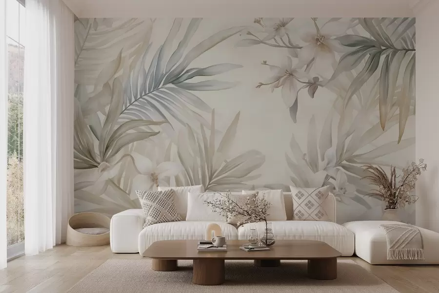 murais de parede Folhas e flores tropicais em tons pastéis, com verdes claros, cremes e rosas sutis w08660