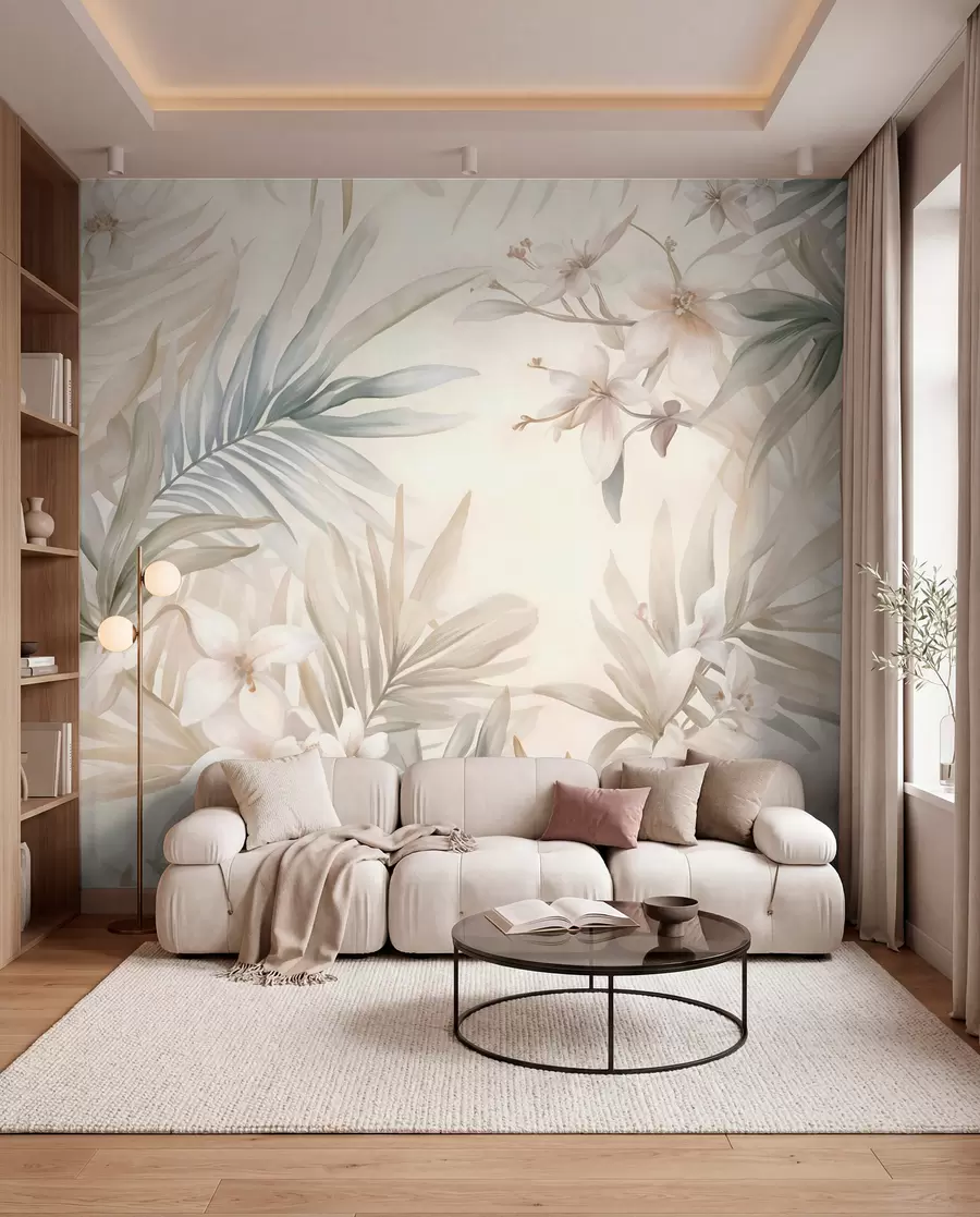 murais de parede Folhas e flores tropicais em tons pastéis, com verdes claros, cremes e rosas sutis w08660