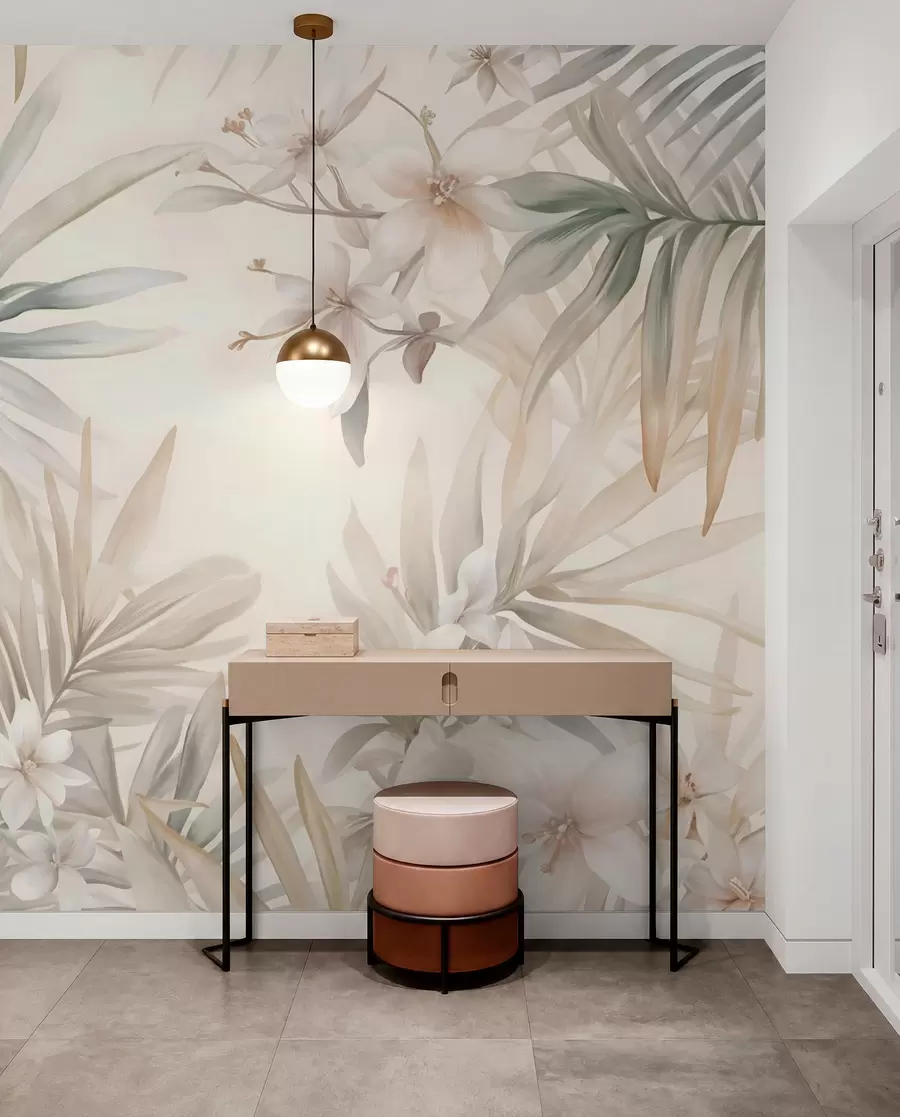 murais de parede Folhas e flores tropicais em tons pastéis, com verdes claros, cremes e rosas sutis w08660