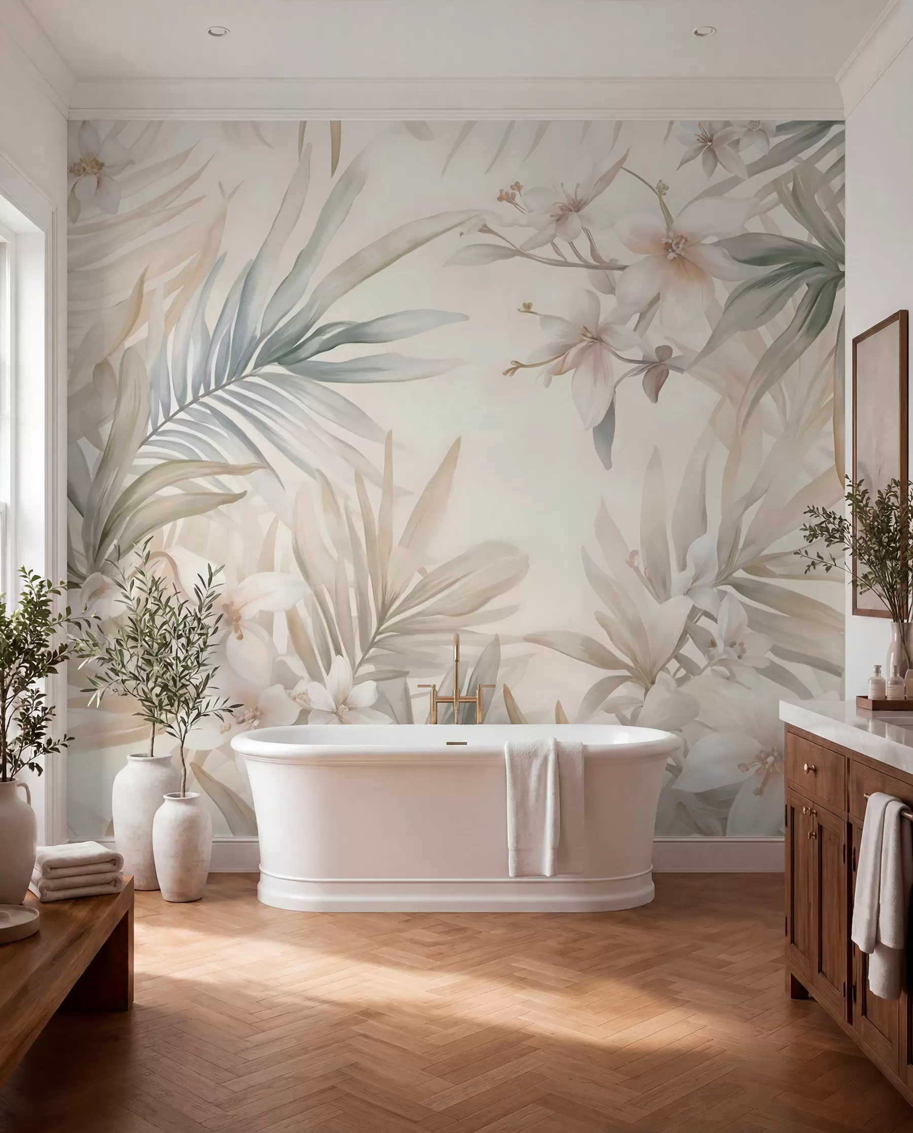 murais de parede Folhas e flores tropicais em tons pastéis, com verdes claros, cremes e rosas sutis w08660