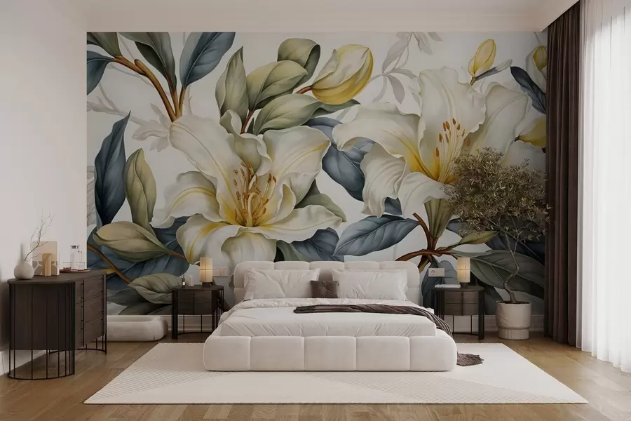 murais de parede Pintura de lírios brancos com detalhes em amarelo e folhas verdes e marrons, em um fundo claro w08661