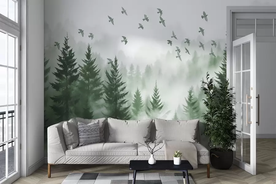 murais de parede Floresta tranquila e enevoada com árvores em tons de verde e um bando de pássaros voando no céu  w08664v1