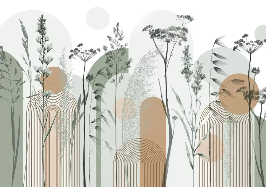 murais de parede Uma coleção de plantas e flores em tons neutros sobre um fundo de arco abstrato em tons suaves de verde e laranja w08665v1