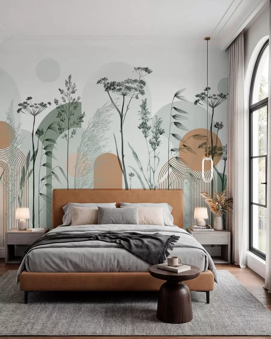 murais de parede Uma coleção de plantas e flores em tons neutros sobre um fundo de arco abstrato em tons suaves de verde e laranja w08665v1