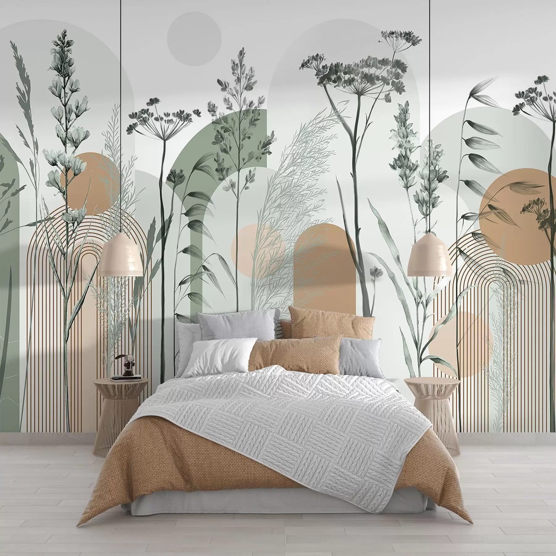 murais de parede Uma coleção de plantas e flores em tons neutros sobre um fundo de arco abstrato em tons suaves de verde e laranja w08665v1