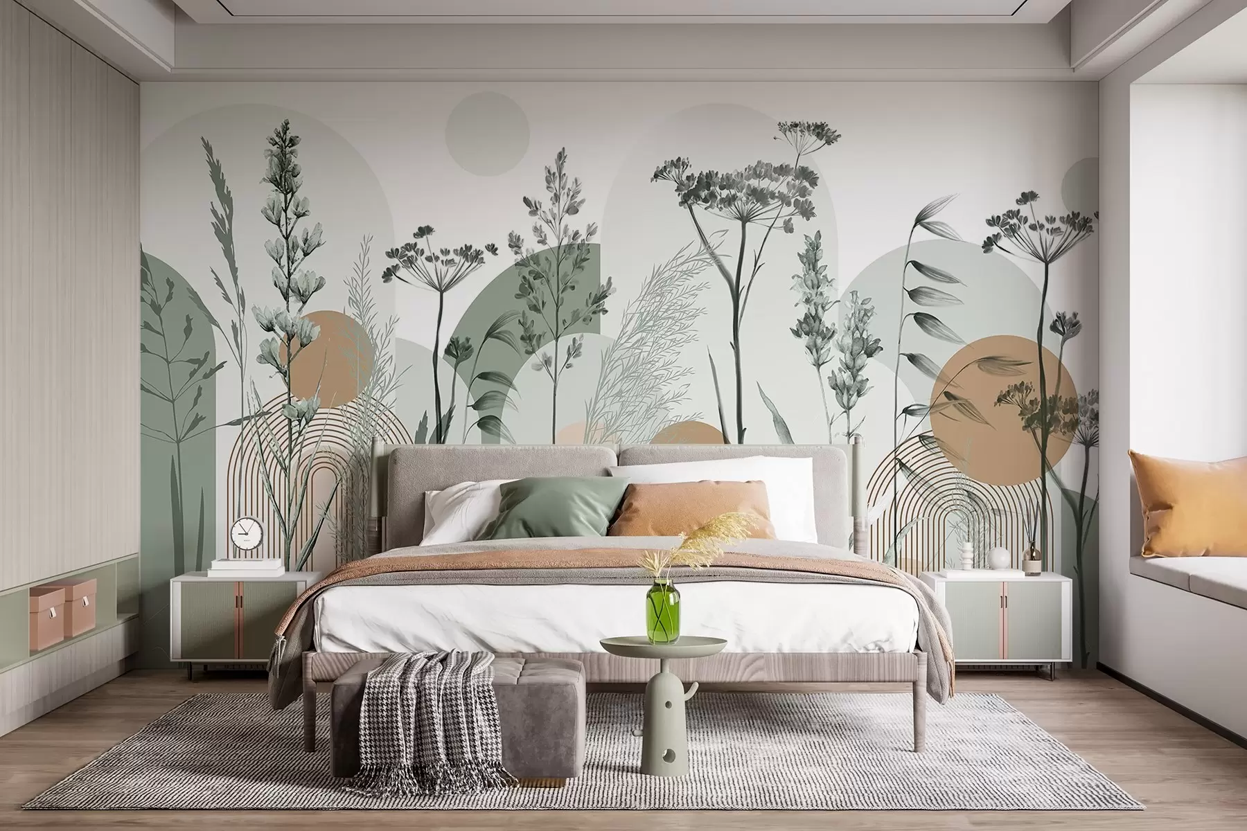 murais de parede Uma coleção de plantas e flores em tons neutros sobre um fundo de arco abstrato em tons suaves de verde e laranja w08665v1