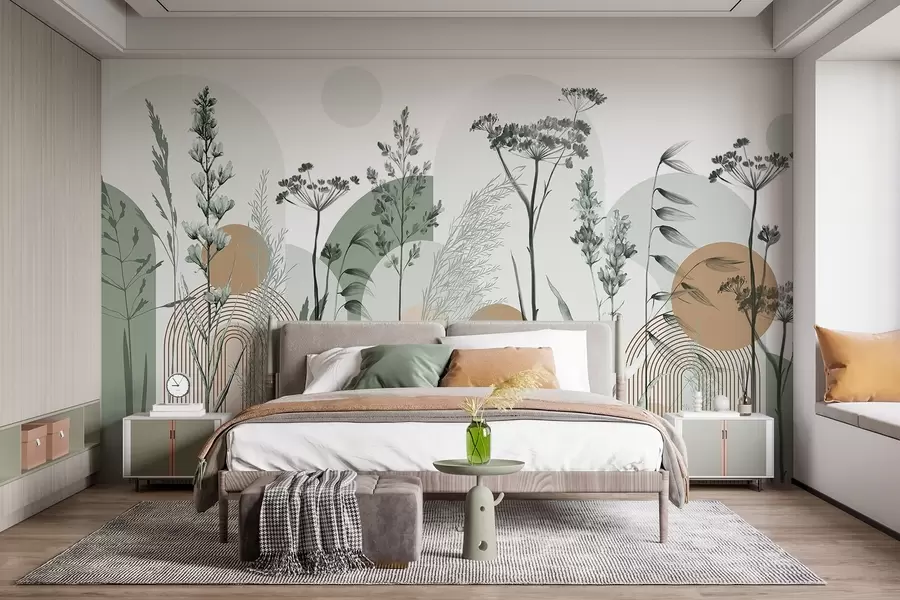 murais de parede Uma coleção de plantas e flores em tons neutros sobre um fundo de arco abstrato em tons suaves de verde e laranja w08665v1