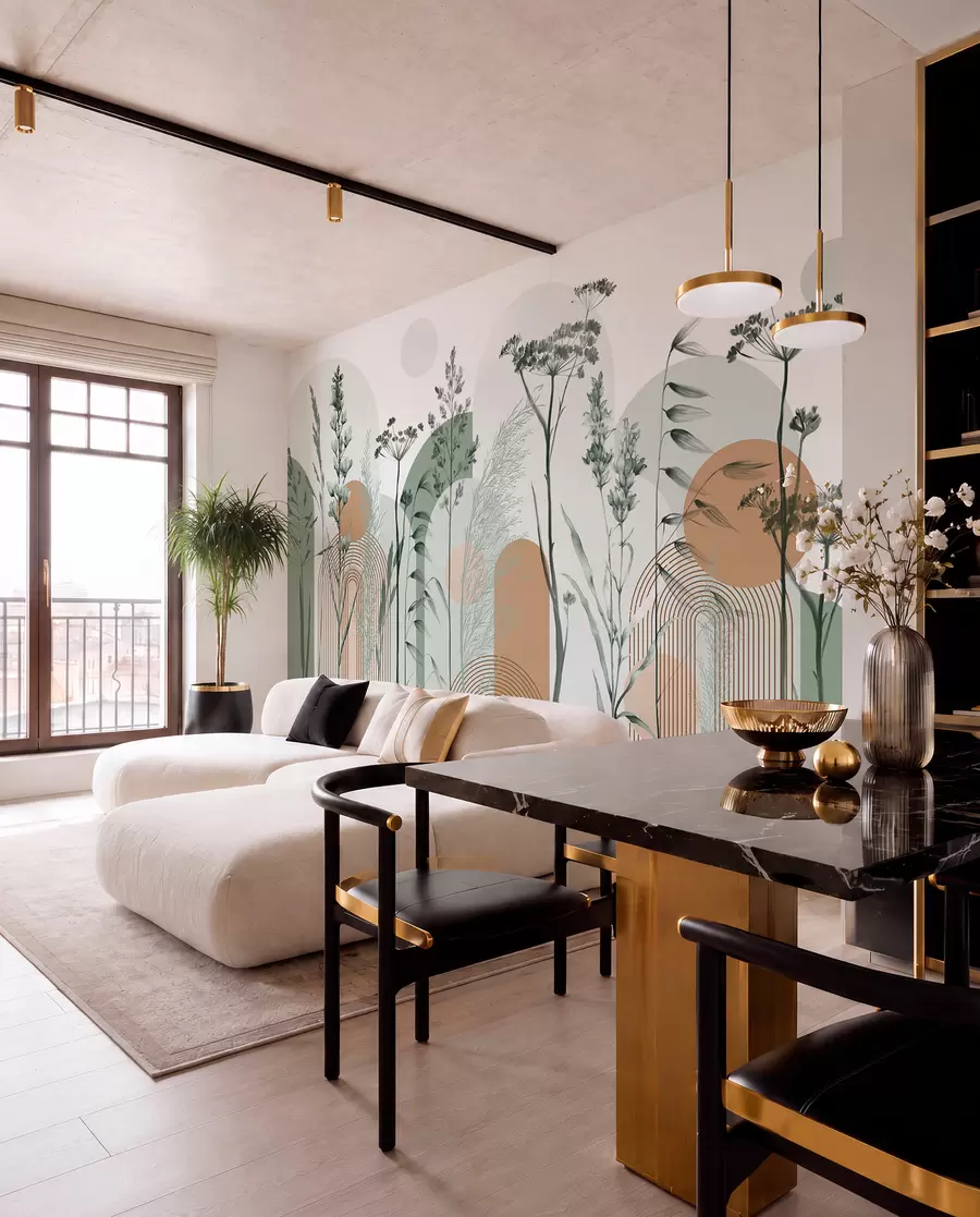murais de parede Uma coleção de plantas e flores em tons neutros sobre um fundo de arco abstrato em tons suaves de verde e laranja w08665v1