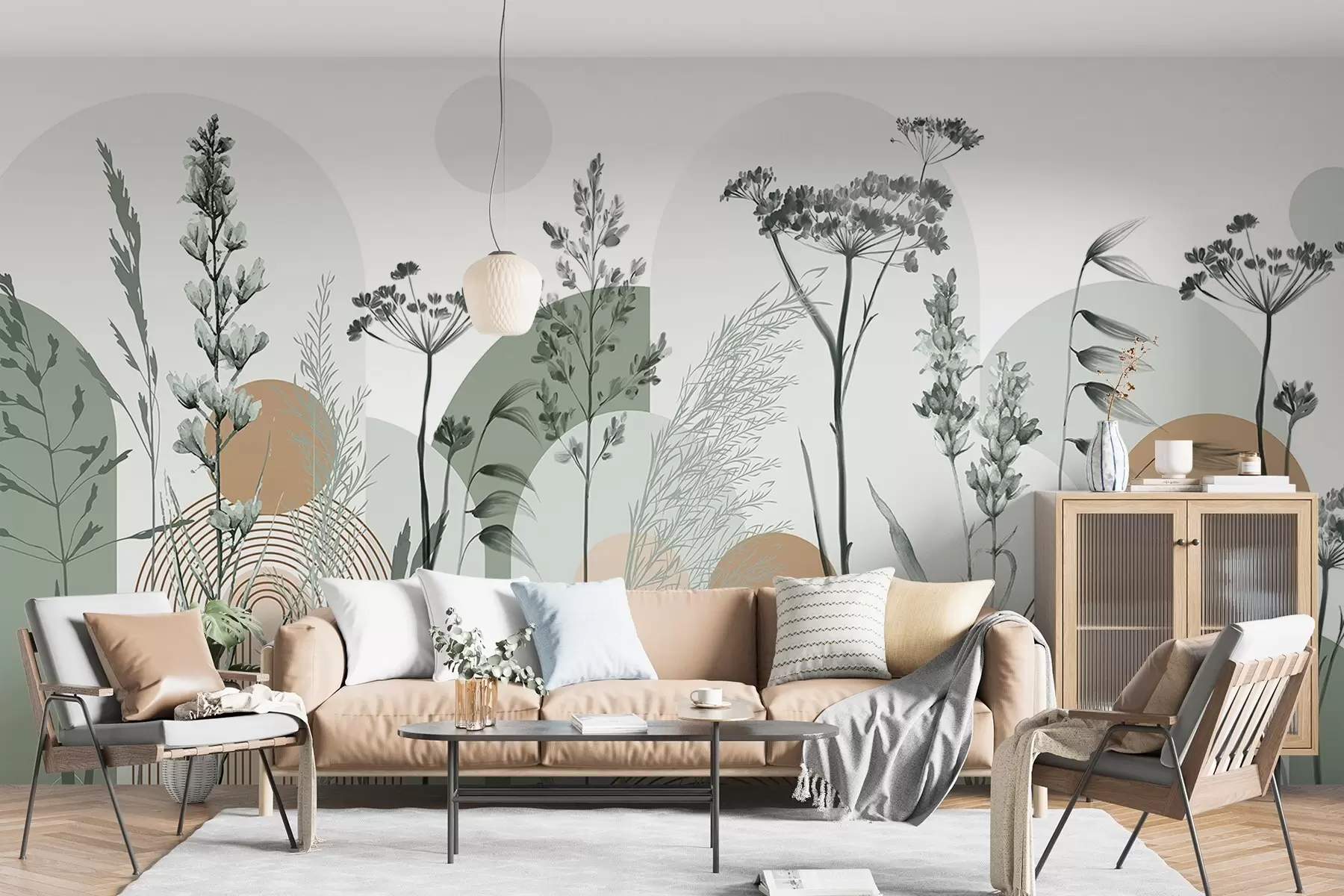 murais de parede Uma coleção de plantas e flores em tons neutros sobre um fundo de arco abstrato em tons suaves de verde e laranja w08665v1