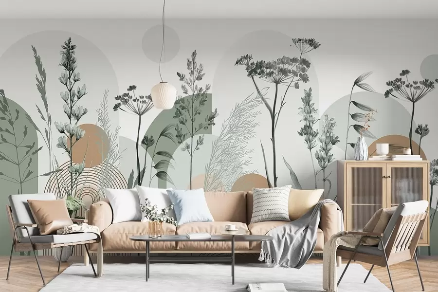 murais de parede Uma coleção de plantas e flores em tons neutros sobre um fundo de arco abstrato em tons suaves de verde e laranja w08665v1