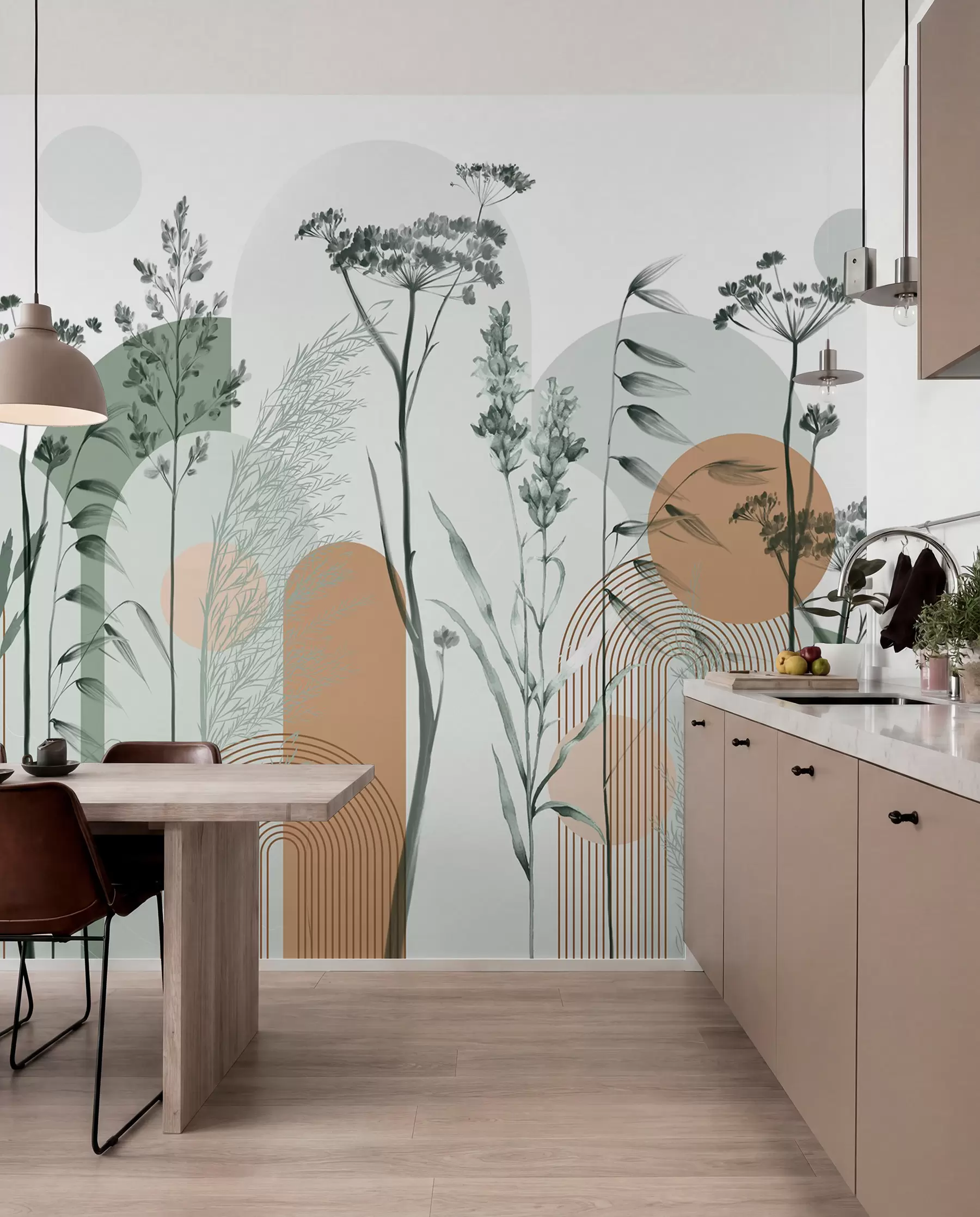 murais de parede Uma coleção de plantas e flores em tons neutros sobre um fundo de arco abstrato em tons suaves de verde e laranja w08665v1