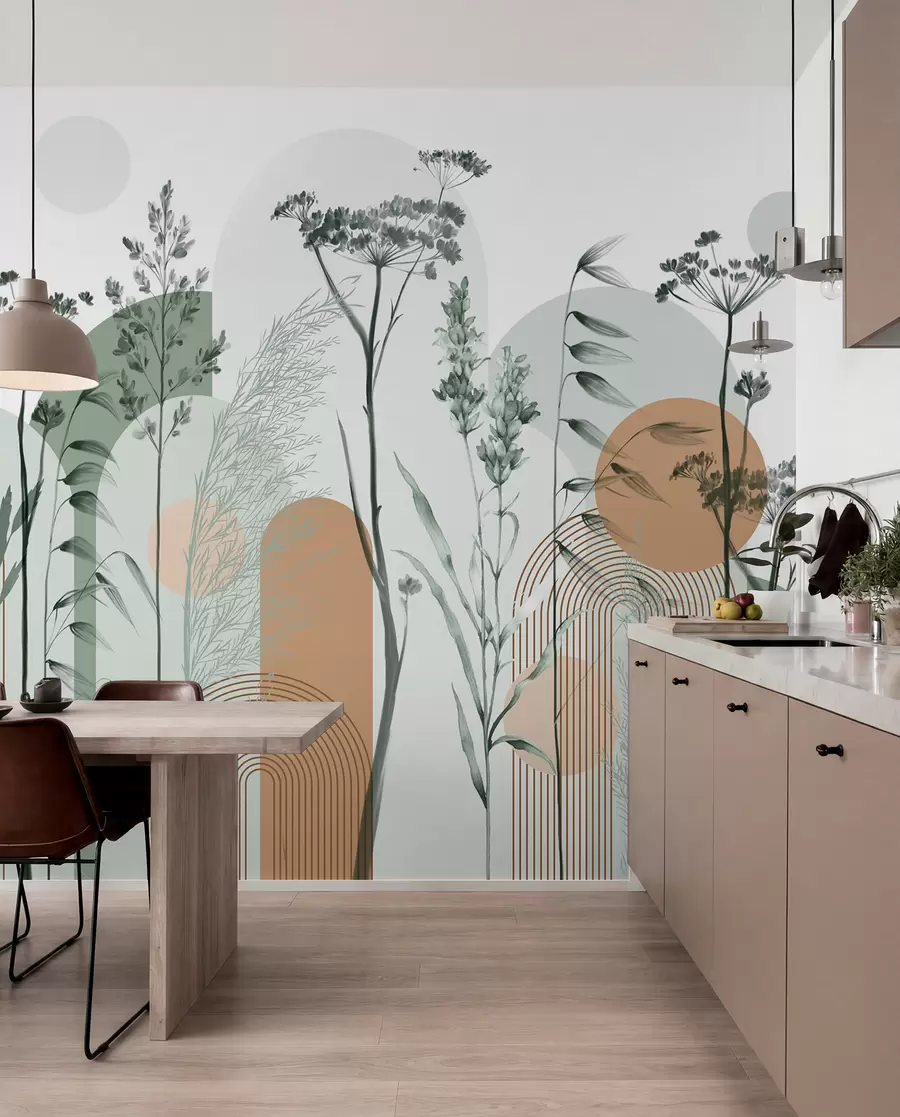 murais de parede Uma coleção de plantas e flores em tons neutros sobre um fundo de arco abstrato em tons suaves de verde e laranja w08665v1