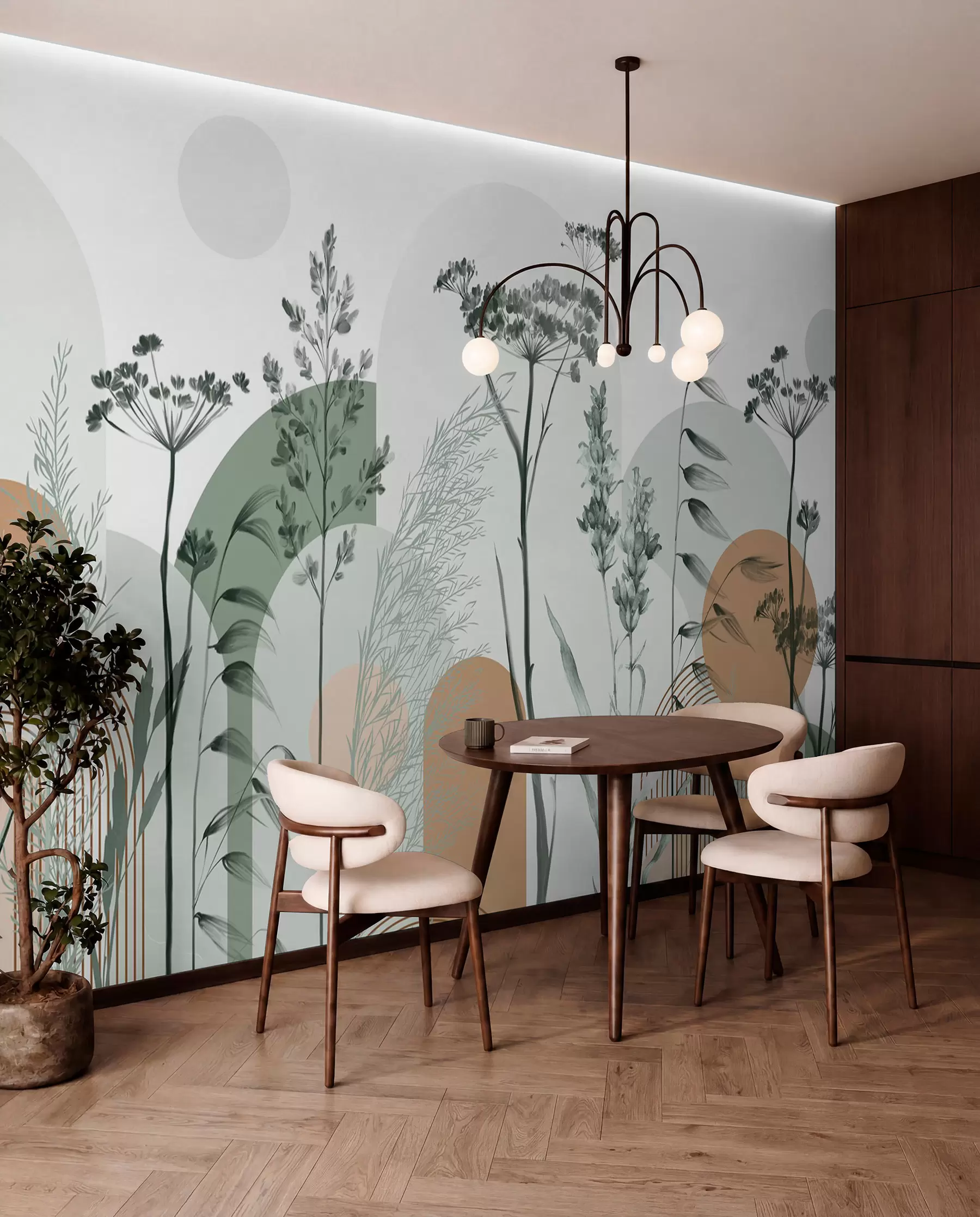murais de parede Uma coleção de plantas e flores em tons neutros sobre um fundo de arco abstrato em tons suaves de verde e laranja w08665v1