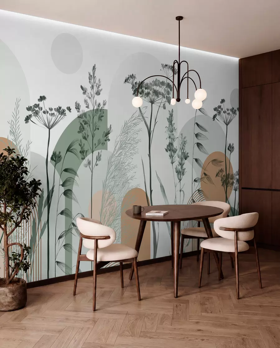 murais de parede Uma coleção de plantas e flores em tons neutros sobre um fundo de arco abstrato em tons suaves de verde e laranja w08665v1