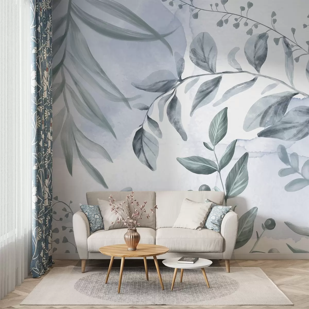 murais de parede Impressão botânica com folhas e ramos florais em tons pastéis suaves, em um fundo semelhante a uma aquarela w08668v1