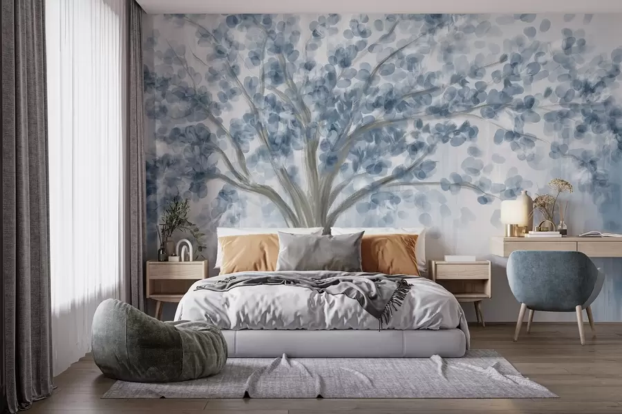 murais de parede Uma árvore grande com folhas suaves e abstratas em azul em um fundo claro e neutro que realça os tons da árvore  w08669v1