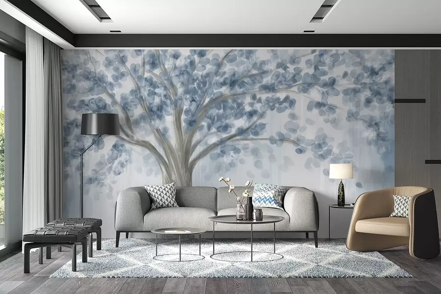 murais de parede Uma árvore grande com folhas suaves e abstratas em azul em um fundo claro e neutro que realça os tons da árvore  w08669v1