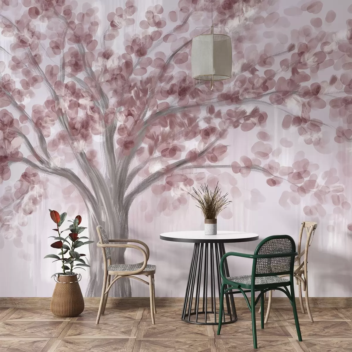 murais de parede Uma árvore grande com folhas suaves e abstratas em rosa em um fundo claro e neutro que realça os tons da árvore  w08669v2