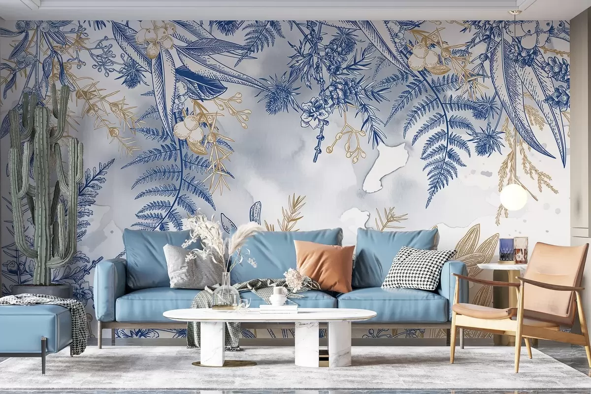 murais de parede Uma estampa floral com elementos botânicos azuis e amarelos, em um fundo claro e suave com efeitos de aquarela  w08671