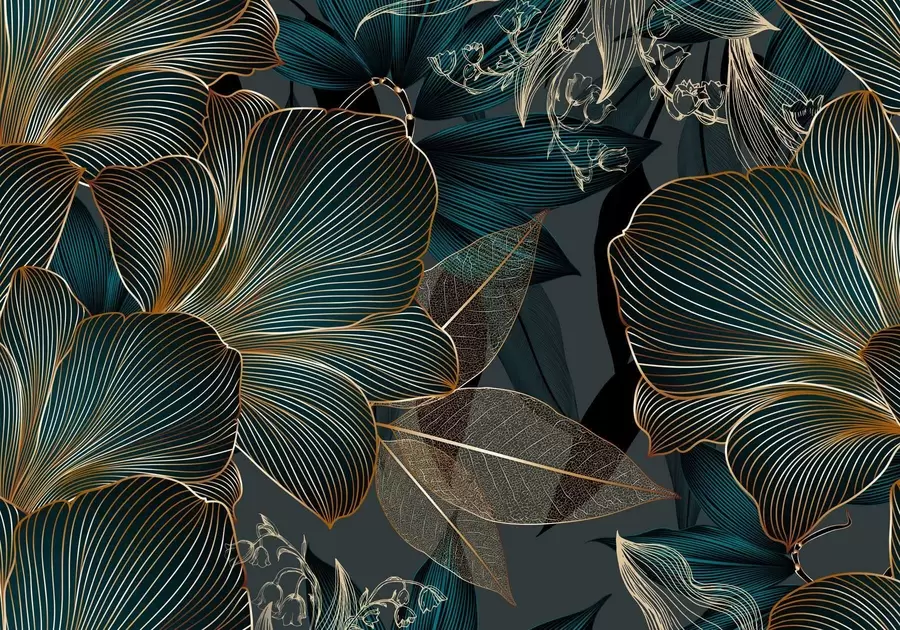 murais de parede Flores e folhas estilizadas com linhas complexas em tons de azul-petróleo e amarelo em um fundo escuro w08675