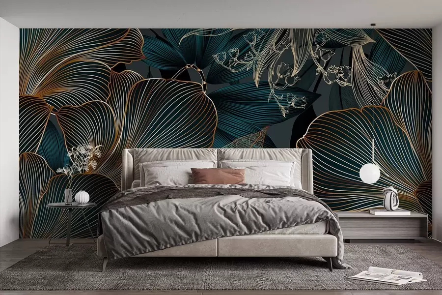 murais de parede Flores e folhas estilizadas com linhas complexas em tons de azul-petróleo e amarelo em um fundo escuro w08675