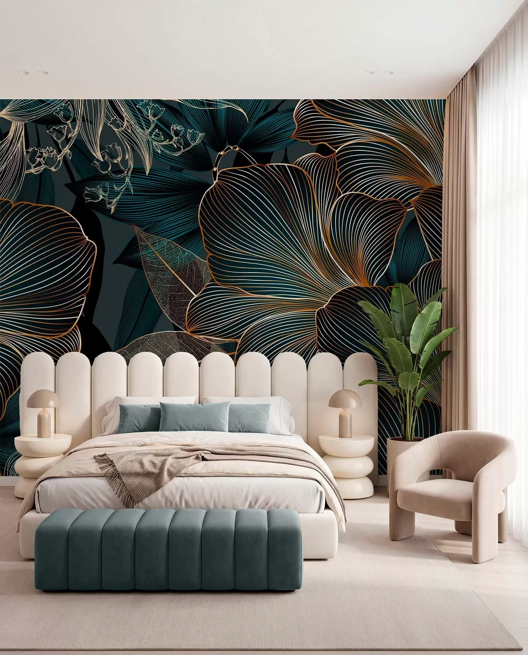 murais de parede Flores e folhas estilizadas com linhas complexas em tons de azul-petróleo e amarelo em um fundo escuro w08675
