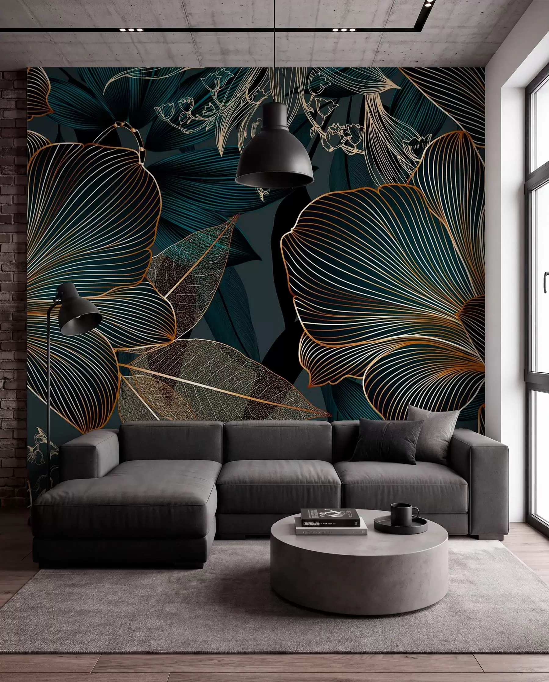 murais de parede Flores e folhas estilizadas com linhas complexas em tons de azul-petróleo e amarelo em um fundo escuro w08675
