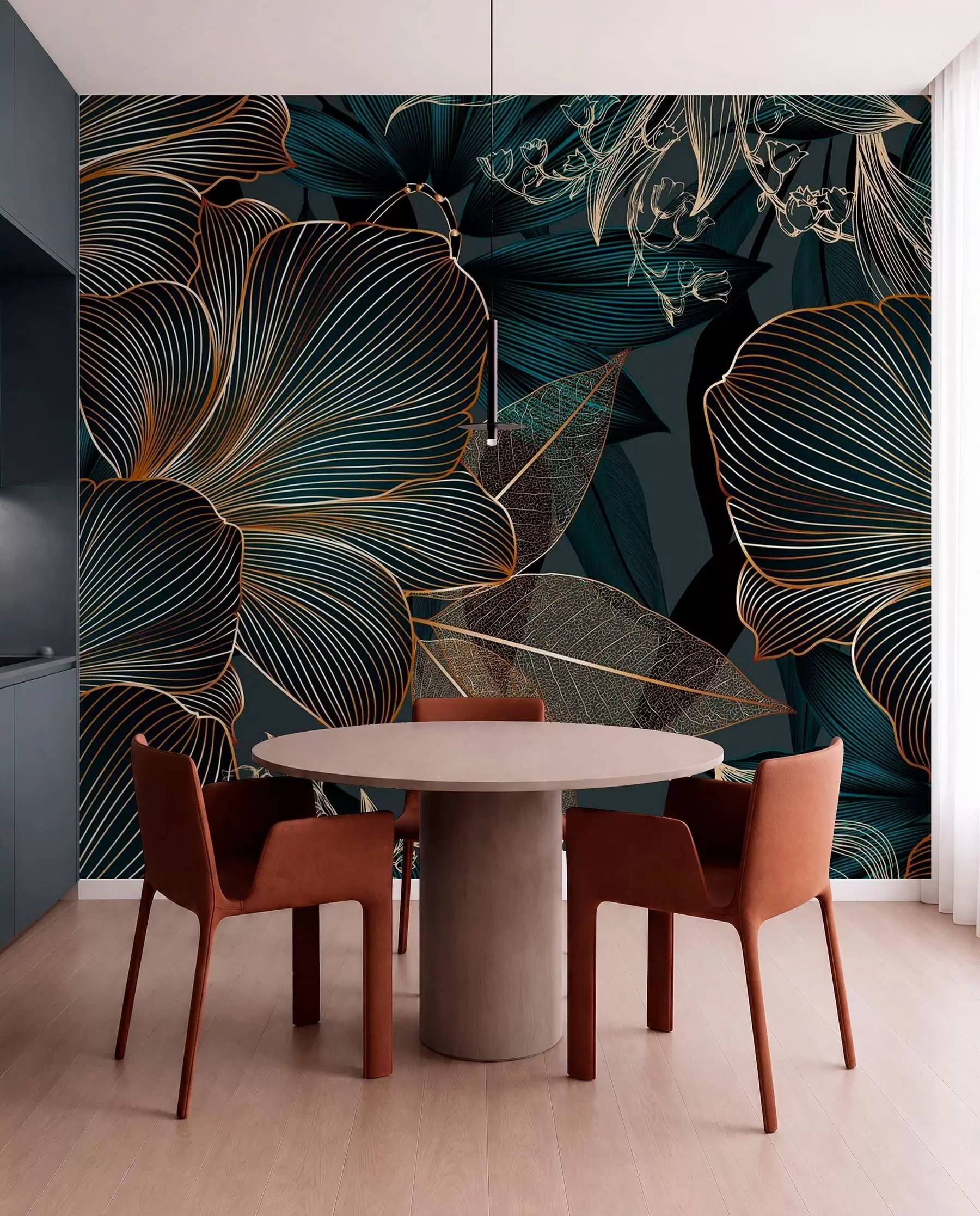 murais de parede Flores e folhas estilizadas com linhas complexas em tons de azul-petróleo e amarelo em um fundo escuro w08675
