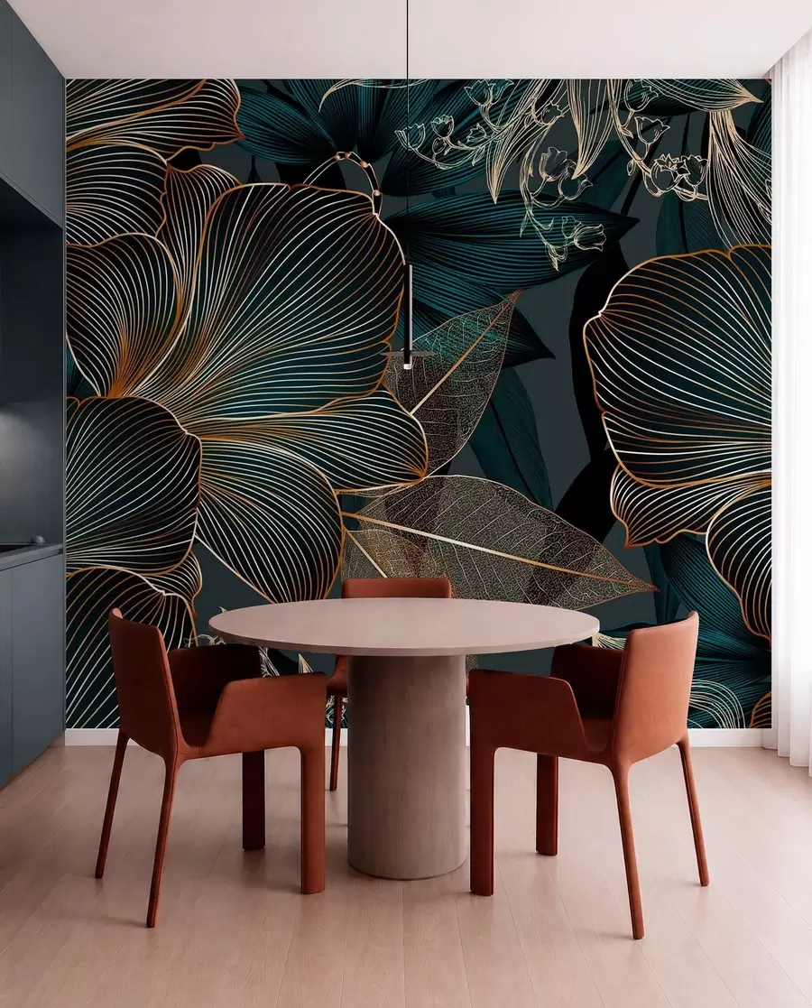 murais de parede Flores e folhas estilizadas com linhas complexas em tons de azul-petróleo e amarelo em um fundo escuro w08675