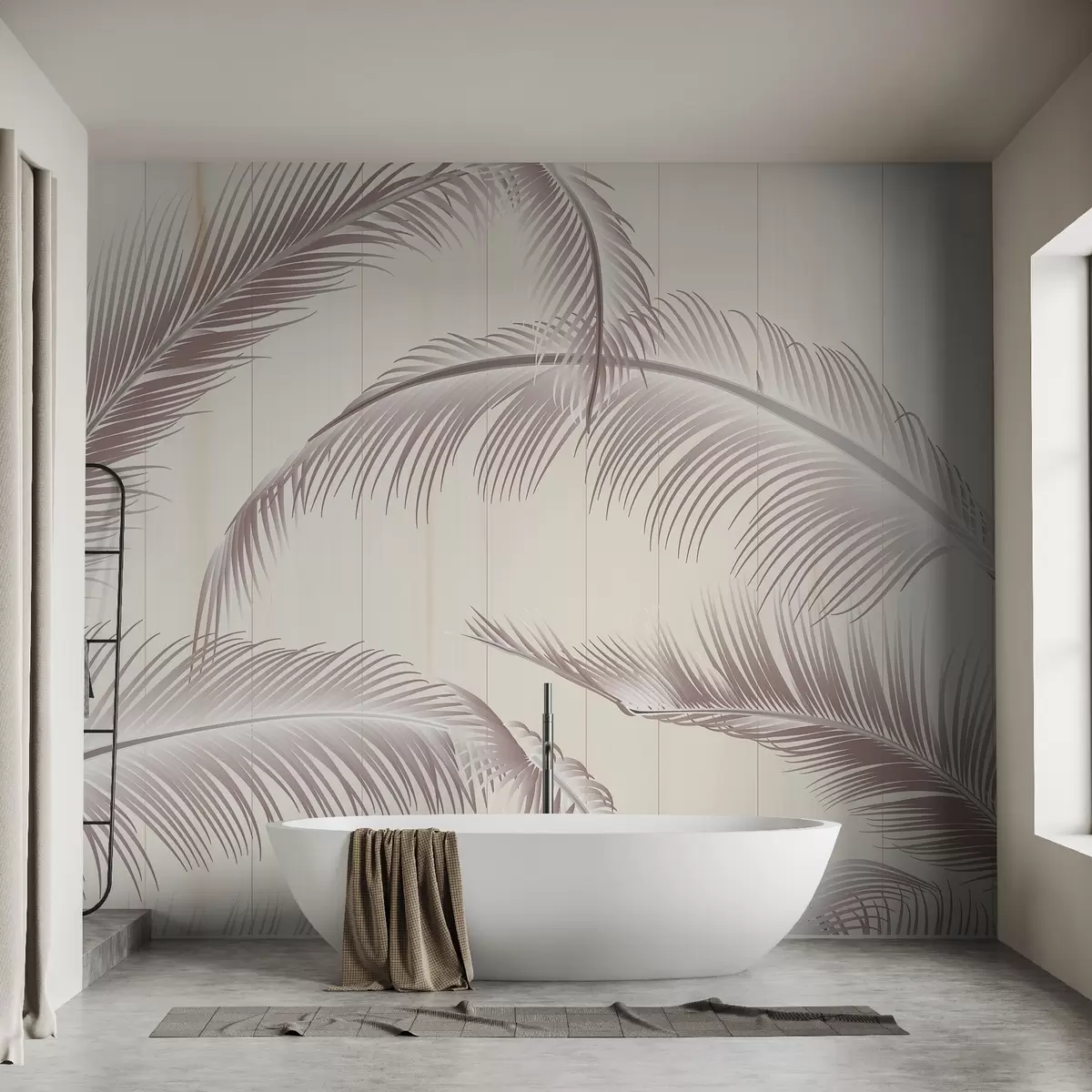 murais de parede Padrão de penas grandes em tons suaves de rosa e bege em um fundo claro com linhas verticais que dão um toque de elegância w08685