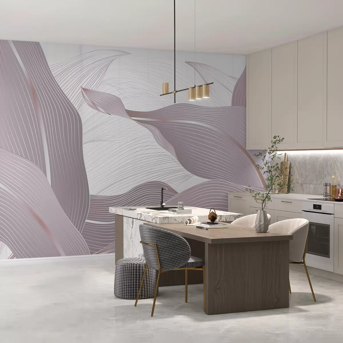 murais de parede Padrão abstrato com folhas onduladas em tons suaves de rosa em um fundo claro com transições de textura suave w08686v2