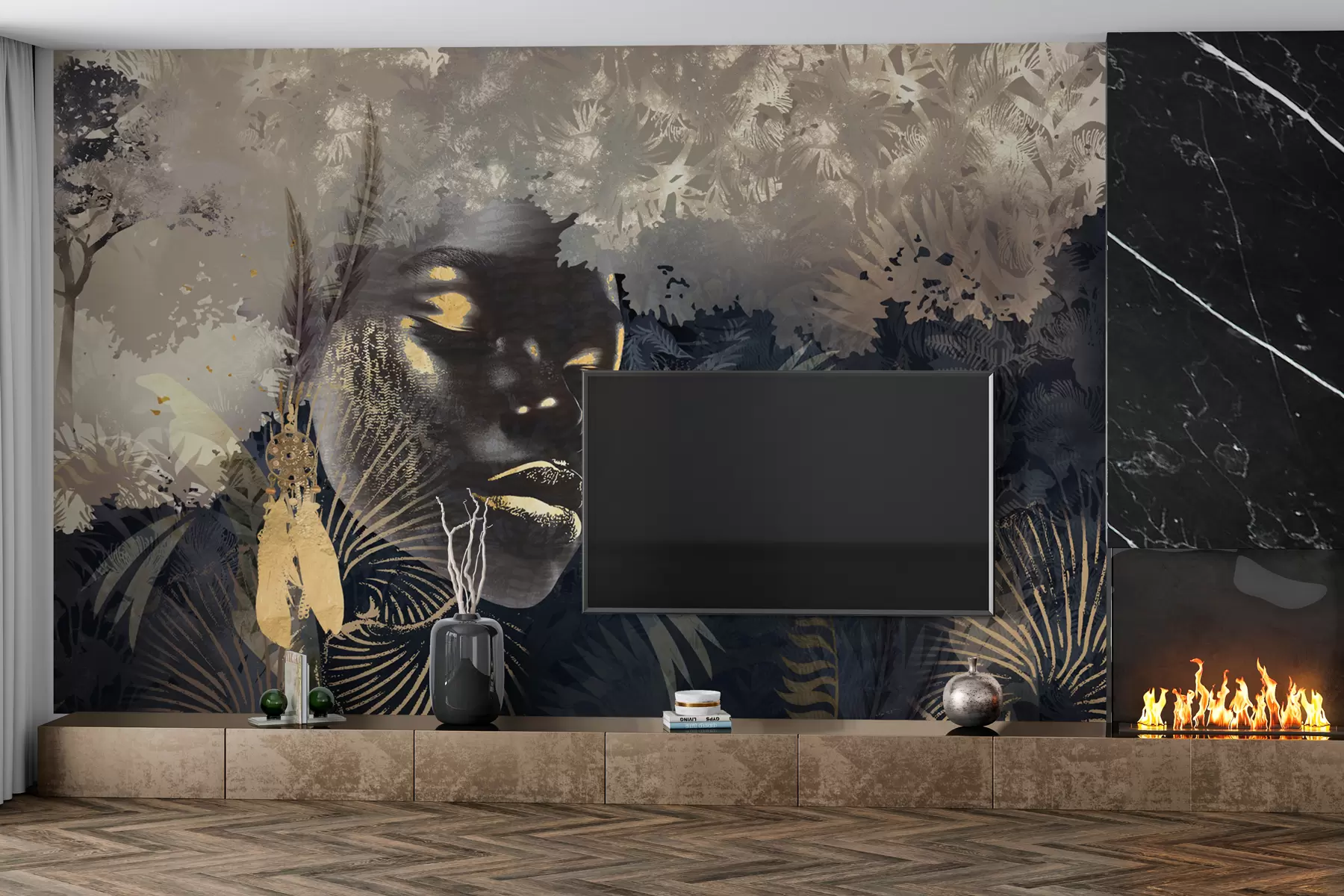 murais de parede África mágica com floresta tropical, elementos femininos e vetoriais com tonalidade azul w02642v1