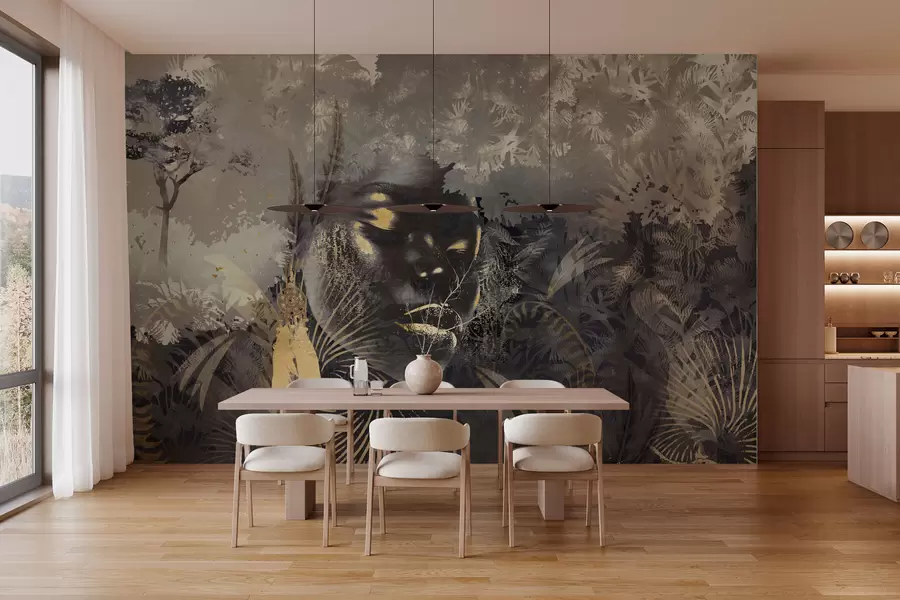 murais de parede África mágica com floresta tropical, elementos femininos e vetoriais com tonalidade marrom w02642v2