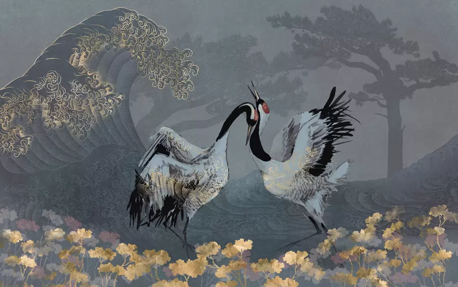 murais de parede Guindastes, árvores e ondas com elementos de estilo chinês w02747