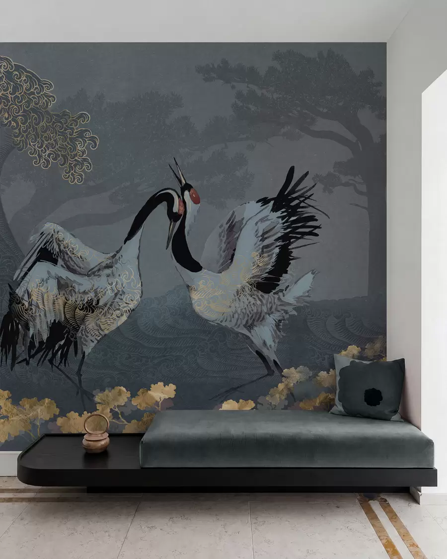 murais de parede Guindastes, árvores e ondas com elementos de estilo chinês w02747