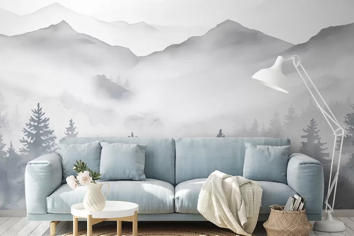 murais de parede Paisagem serena de montanha com florestas enevoadas em tons suaves de cinza e azul w08680
