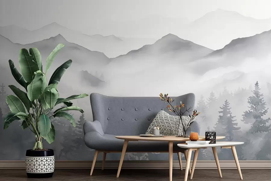 murais de parede Paisagem serena de montanha com florestas enevoadas em tons suaves de cinza e azul w08680
