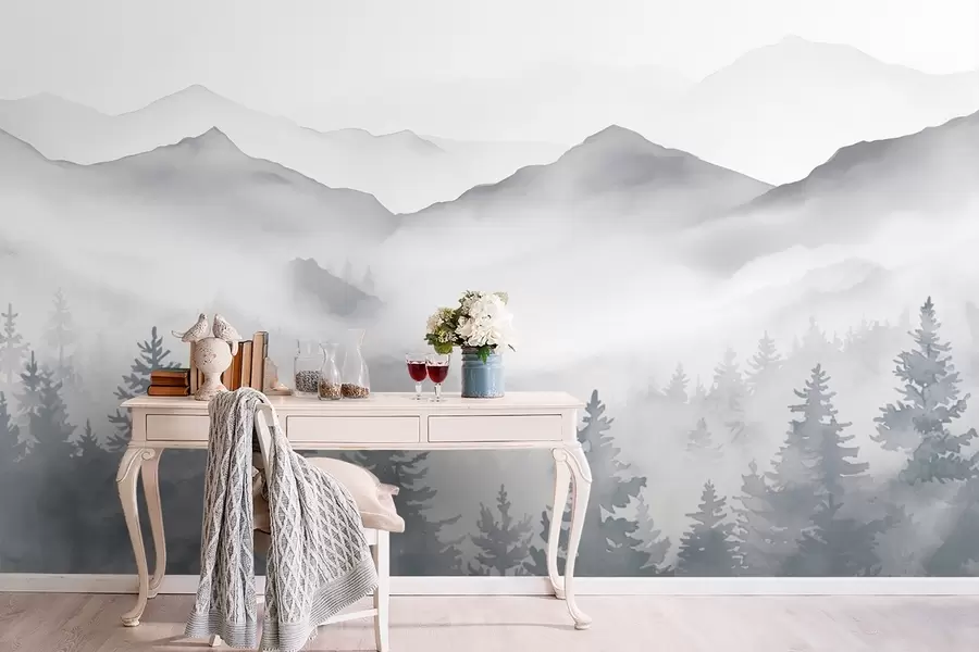 murais de parede Paisagem serena de montanha com florestas enevoadas em tons suaves de cinza e azul w08680