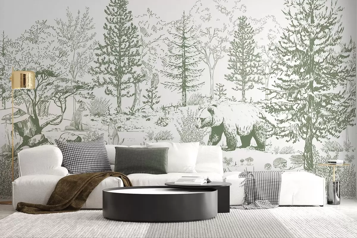 murais de parede Vida na floresta, árvores, animais selvagens, urso, raposa, coruja, arbustos, desenho a lápis, cores verdes w02929v2