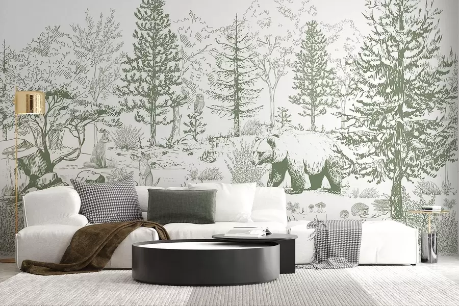 murais de parede Vida na floresta, árvores, animais selvagens, urso, raposa, coruja, arbustos, desenho a lápis, cores verdes w02929v2