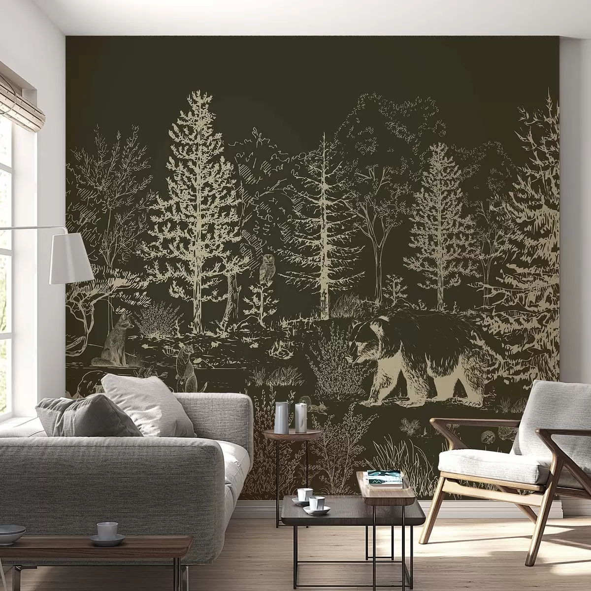 murais de parede Vida na floresta, árvores, animais selvagens, urso, raposa, coruja, arbustos, fundo verde escuro w02929v3