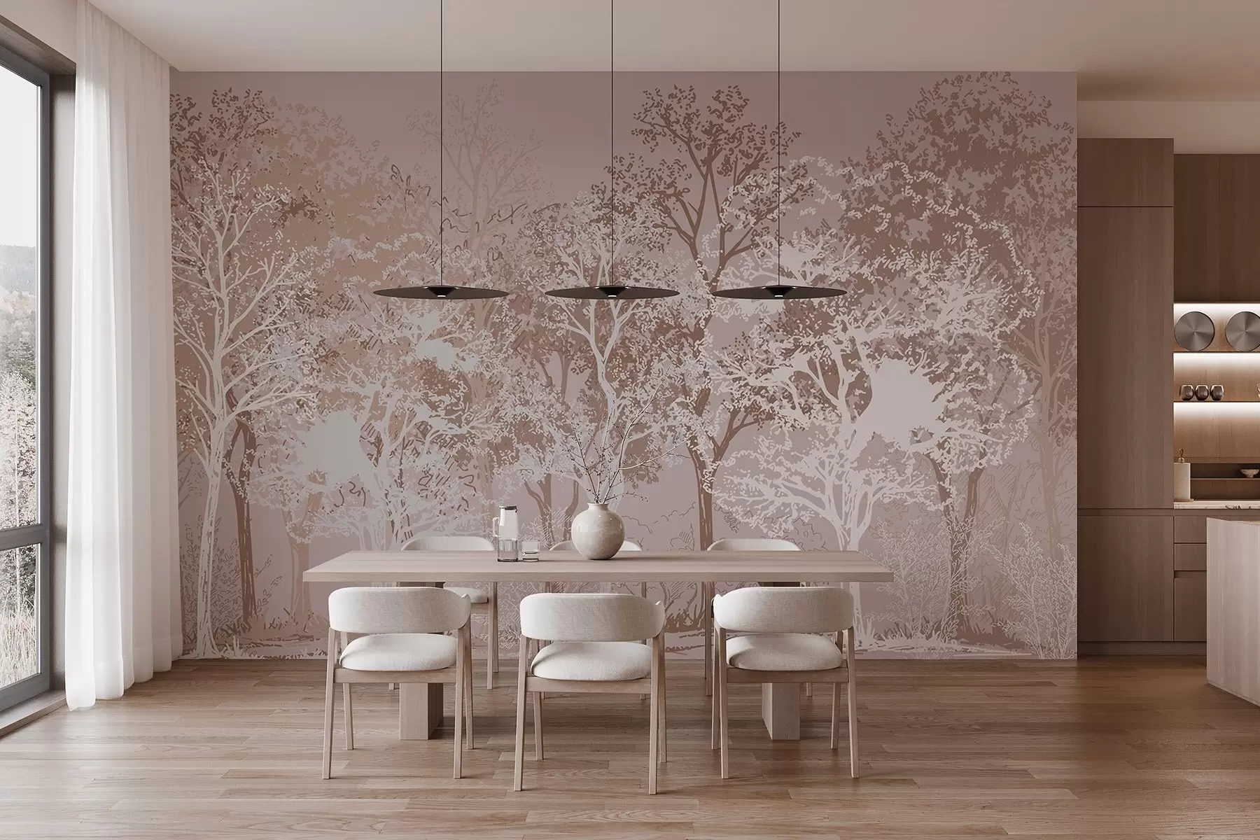 murais de parede Árvores na floresta, minimalismo, natureza, paleta de cores bege  w02930