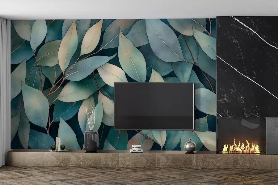 murais de parede Folhas de eucalipto, desenho em estilo aquarela, padrão floral, cores verdes w02931
