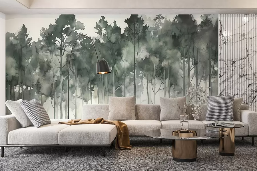 murais de parede Floresta em estilo aquarela, pinheiros, paisagem natural, cores verdes w02937