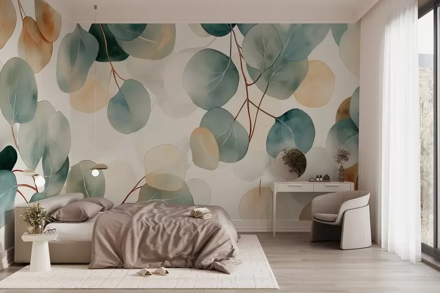 murais de parede Desenho de eucalipto em estilo aquarela, cores pastéis suaves, floral w02938